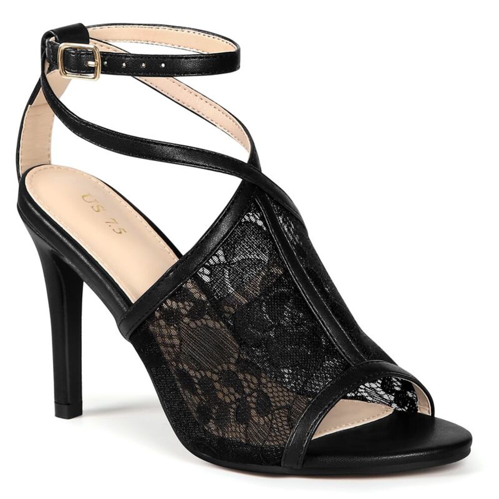 Peep Toe Stiletto Heel Ankle Strap Lace Heel Sandals Black